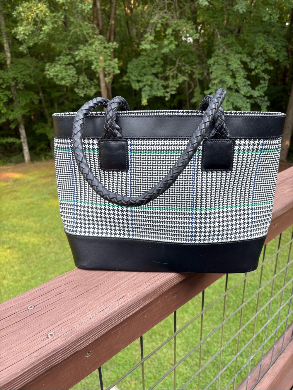 Lauren Ralph Lauren Black, White & Green Houndstooth Tote with Braided Handles